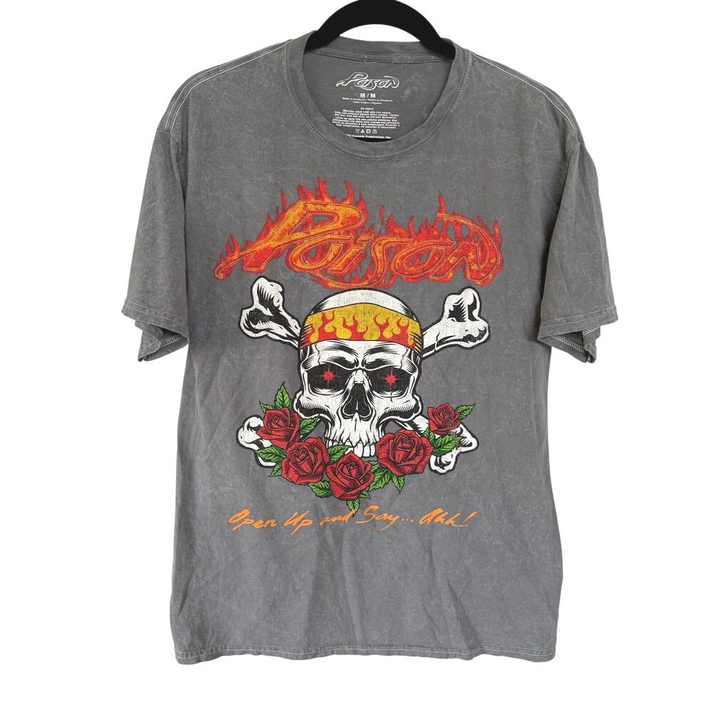 Poison Rock Band Concert Tee Skull Grunge 1988 Tour Music Acid Wash Gray Medium